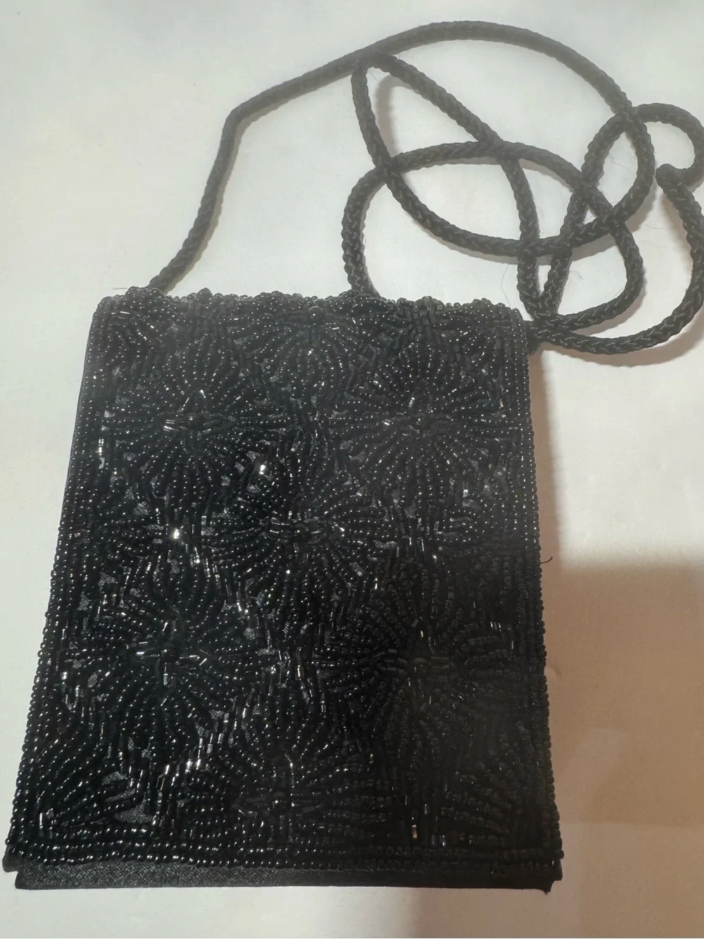Vintage Black Beaded Evening Clutch Featuring An Intricate Floral & Starburst